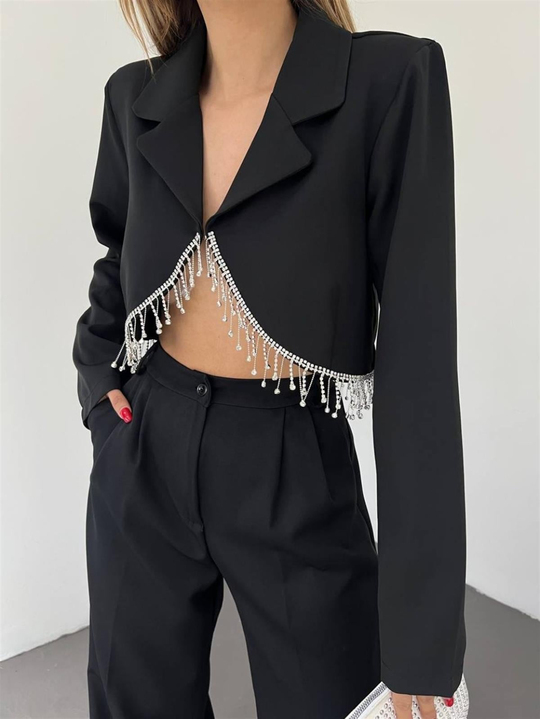Damla Taşlı Crop Ceket 10329 SİYAH