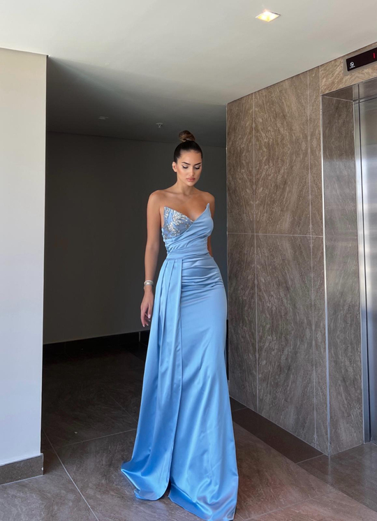 Dina Göğüs İşleme Detay Saten Abiye 9320 BEBE MAVİSİ