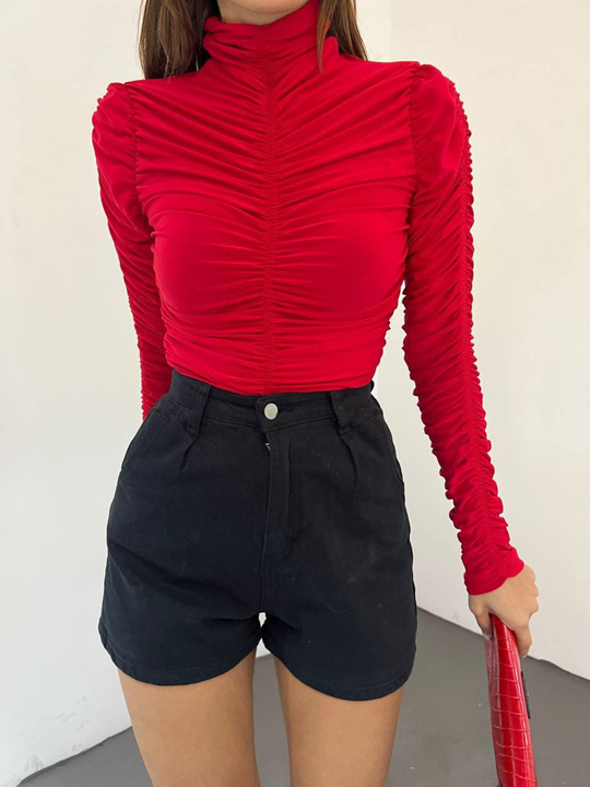 Drapeli Dik Yaka Bluz 10839 KIRMIZI