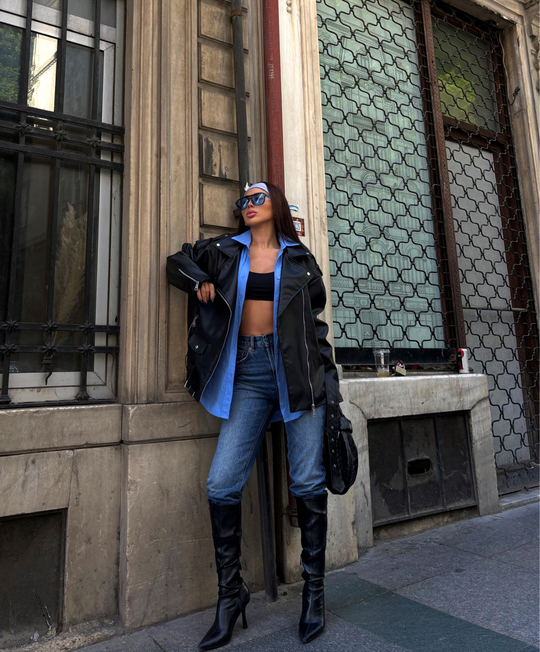 Ellie Oversize Biker Deri Ceket 5746 SİYAH
