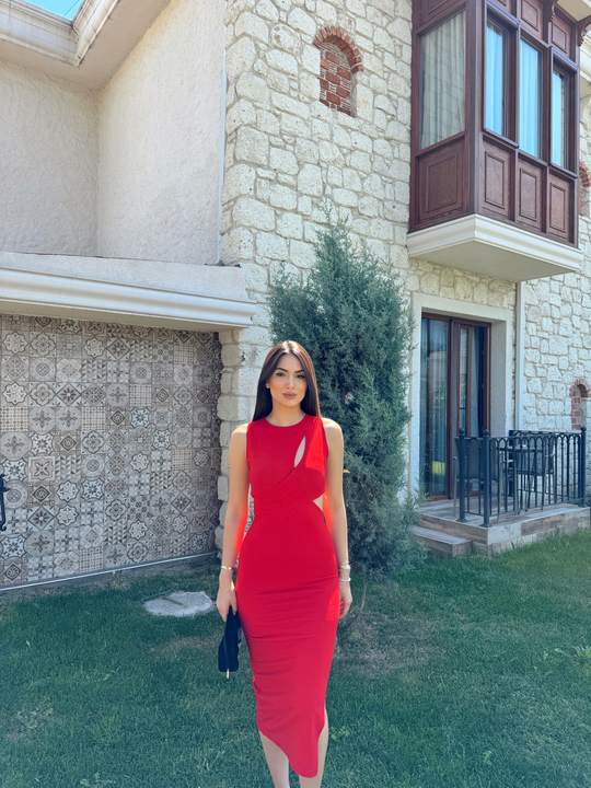 Evrim Asimetrik Tasarım Elbise 582120 KIRMIZI