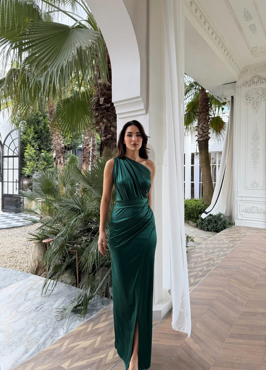 Fiona Tek Kol Drapeli Saten Abiye 582856 ZÜMRÜT