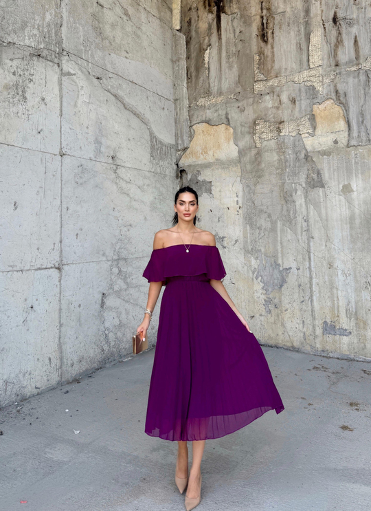Glamour Pliseli Şifon Elbise 582850 MÜRDÜM