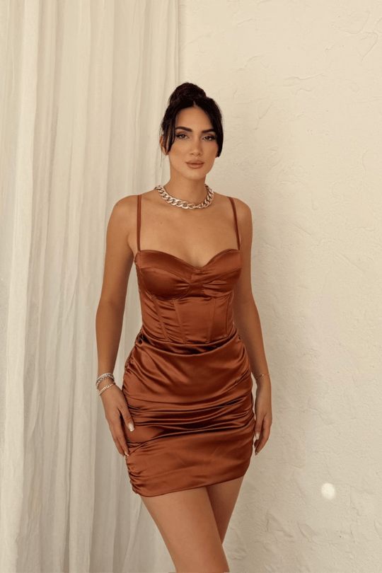 Gloplu Askılı Saten Mini Elbise 9853
