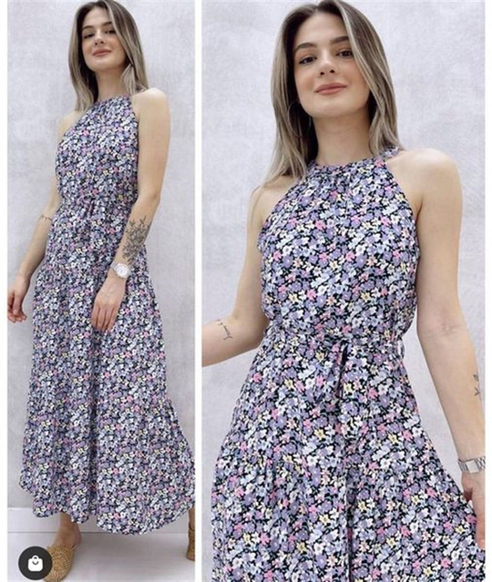 Halter Yaka Çiçekli Elbise LİLA
