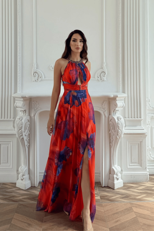 Halter Yaka Damla Detay Baskılı Abiye 1110