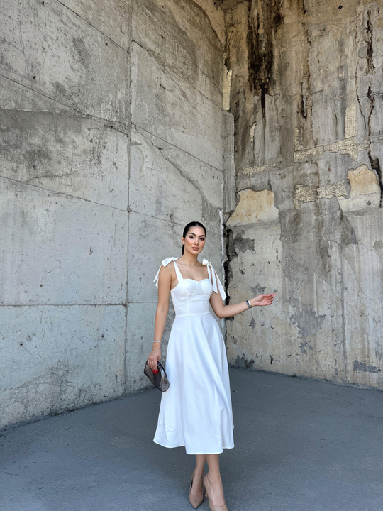 Harmony Omuz Bağlama Detay Elbise 68772 BEYAZ