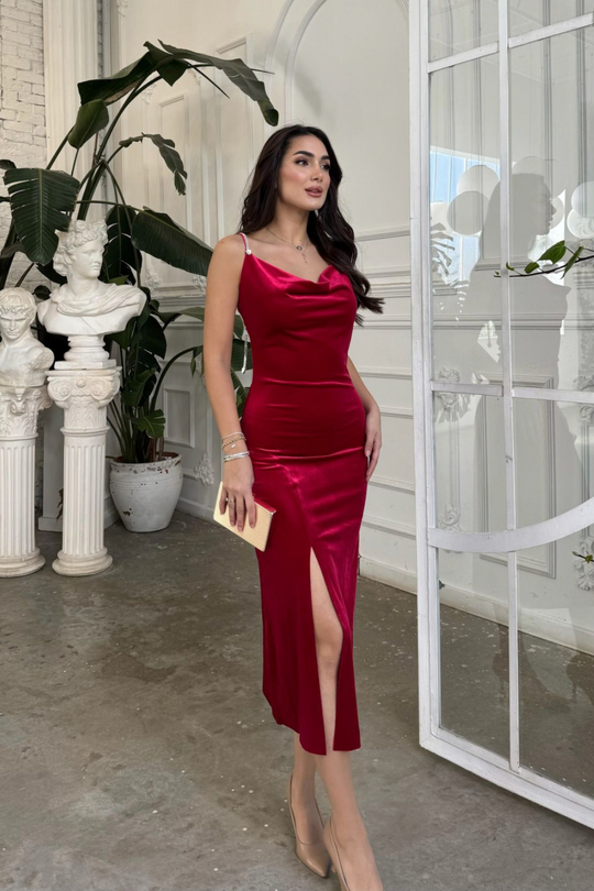 Haven Zincir Detaylı Midi Boy Elbise 9333 KIRMIZI