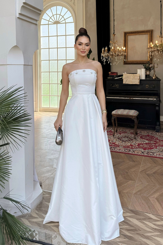 Hazel Straplez Işlemeli Saten Abiye 4747 BEYAZ