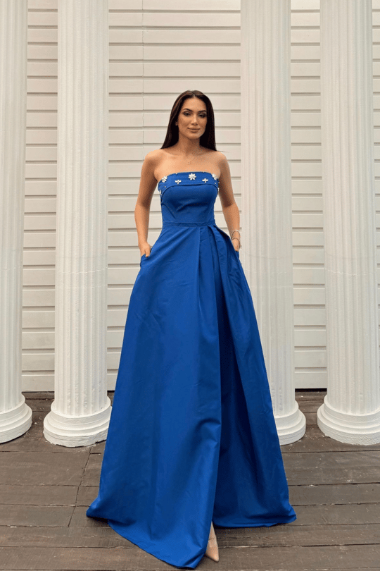 Hazel Straplez Işlemeli Saten Abiye 4747 SAKS MAVİSİ