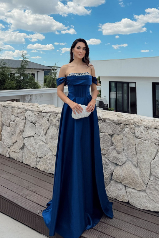 İlsu Kayık Yaka Taş İşleme Saten Abiye 1208