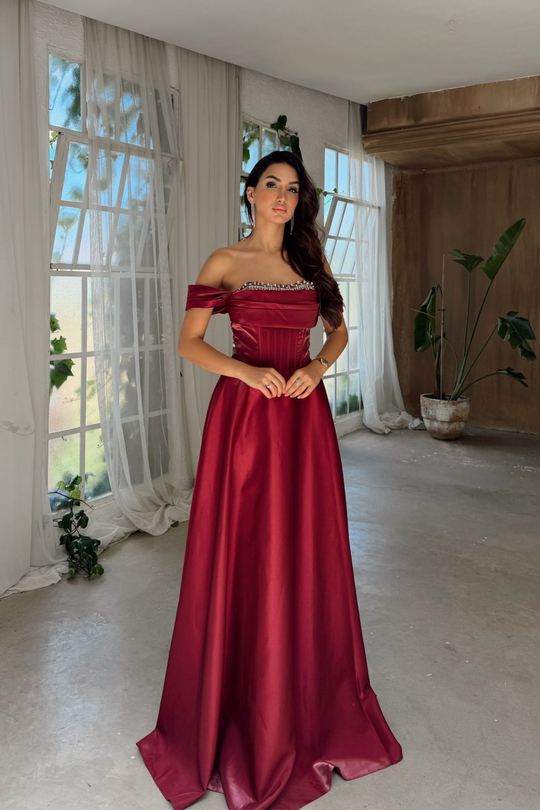 İlsu Kayık Yaka Taş İşleme Saten Abiye 1208