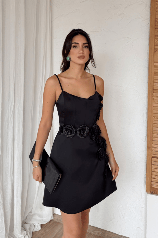 İp Askı Çiçek Detaylı Mini Elbise 9378