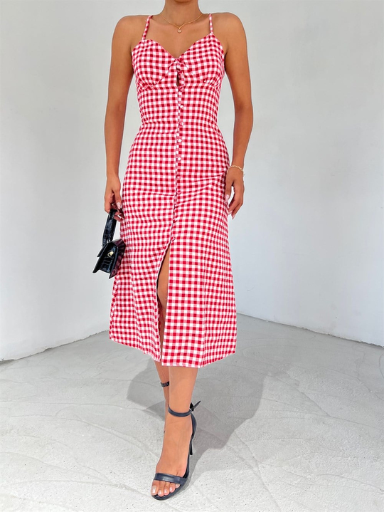 İp Askı Pötikare Elbise KIRMIZI