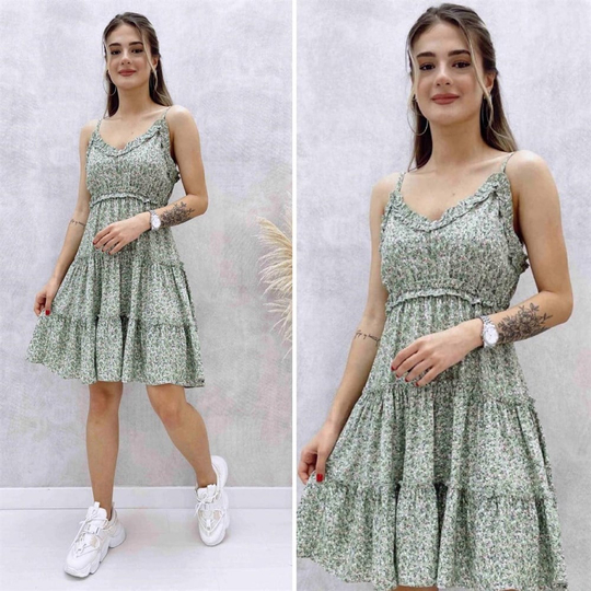 İp Askılı Çiçekli Elbise MİNT YEŞİLİ