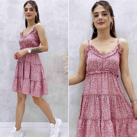 İp Askılı Çiçekli Elbise PEMBE