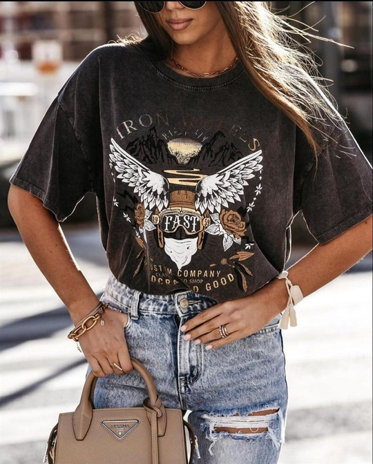 Iron Wheels Yazı Detay Yıkamalı T-shirt FÜME
