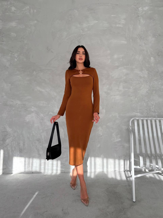 Junia Tasarım Yaka Midi Elbise 2469 KAHVERENGİ