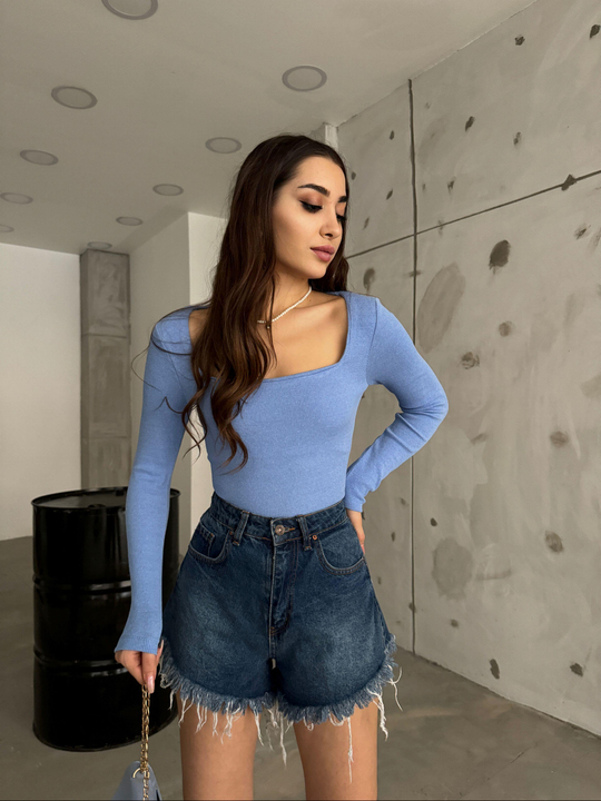 Kare Yaka Kaşkorse Bluz 1065 BEBE MAVİSİ