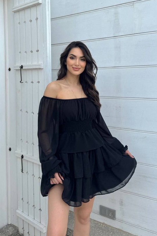 Kat Kat Volanlı Şifon Elbise 2831 SİYAH D1X