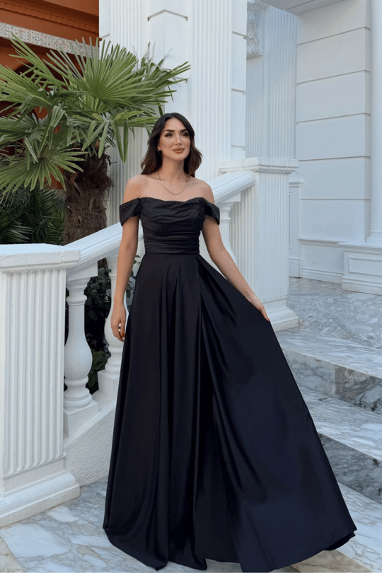 Kayık Yaka Yırtmaç Detay Saten Abiye 1038