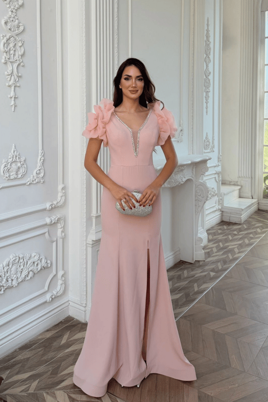 Kolları Tül Derin V Yaka Taş İşleme Abiye 0200