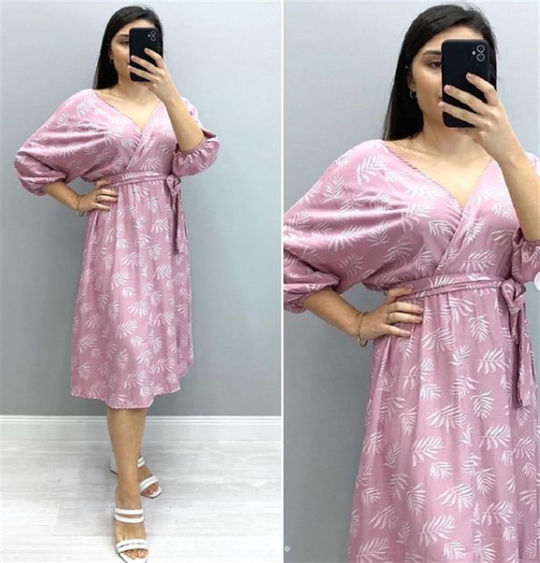 Kuşaklı Yaprak Desen Elbise LİLA