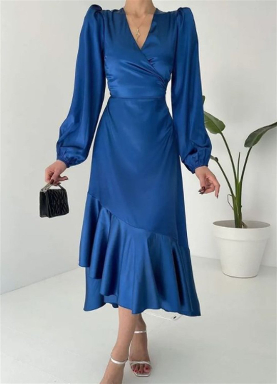 Larin Saten Elbise-6615 SAKS MAVİSİ