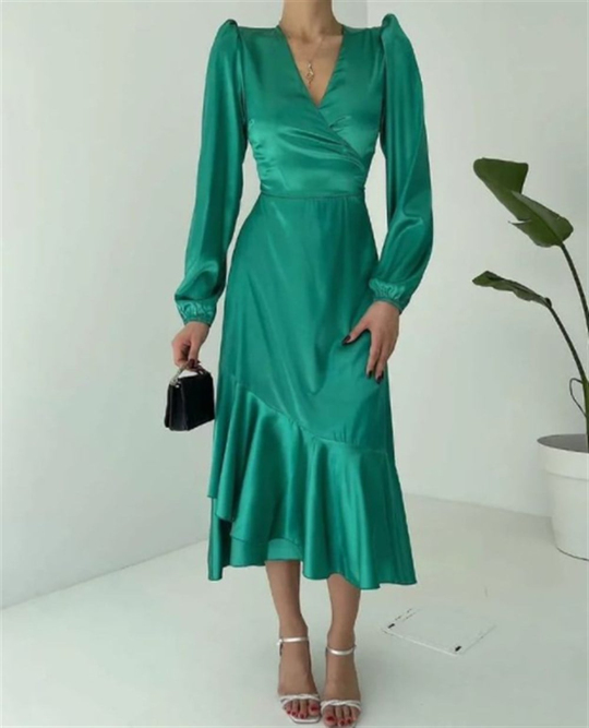 Larin Saten Elbise-6615 YEŞİL