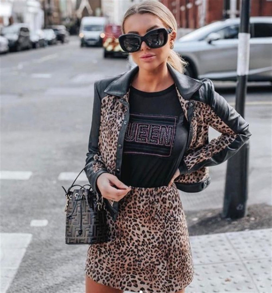 Leoparlı Ceket Elbise Takım KAHVERENGİ