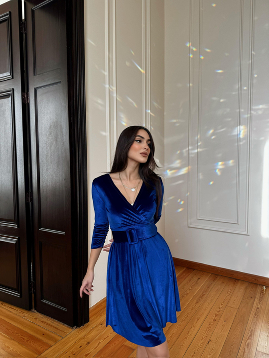 Leova Kemer Detay Kadife Mini Elbise 58644 SAKS MAVİSİ