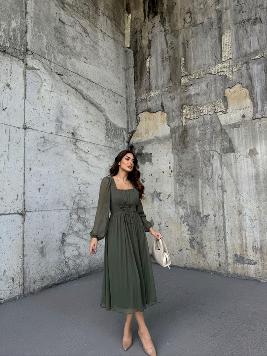Libby Ön Bağlama Detay Şifon Midi Boy Elbise 3264 HAKİ