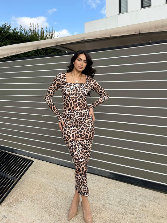 Malea Kare Yaka Yırtmaçlı Elbise 1007 LEOPAR