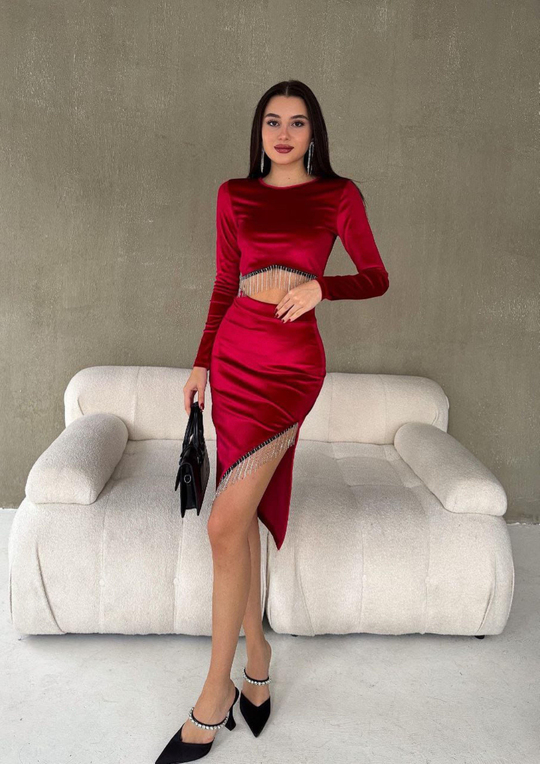 Matilda Taşlı Saçaklı Kadife Takım 3619 BORDO
