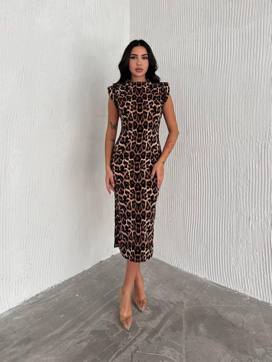 Meeri Vatka Detay Leopar Desen Midi Elbise 9685 ACI KAHVE