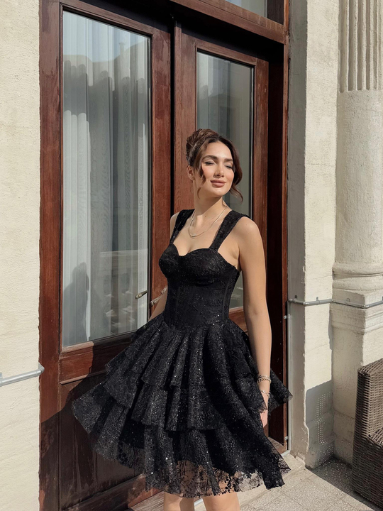 Melione Güpür Detay Asklı Mini Elbise 4631 SİYAH