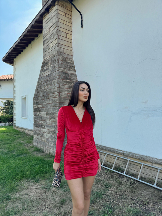 Melsa Büzgülü Kadife Elbise 582011 BORDO D2X
