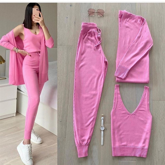 Mevsimlik Üçlü Triko Takım Pembe