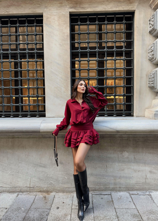 Millie Fırfır Detaylı Mini Elbise 8624 BORDO