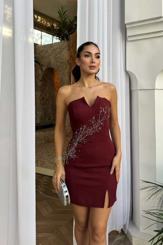 Narin Taş Detay İşlemeli Mini Elbise 9369 BORDO