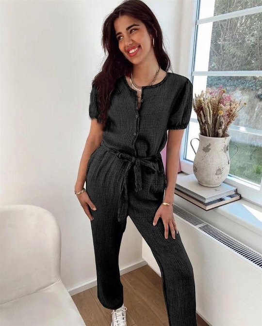 Ön Düğmeli Kuşaklı Tulum SİYAH