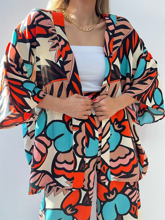 Önü Bantlı Desenli Kimono 0918 KAHVERENGİ