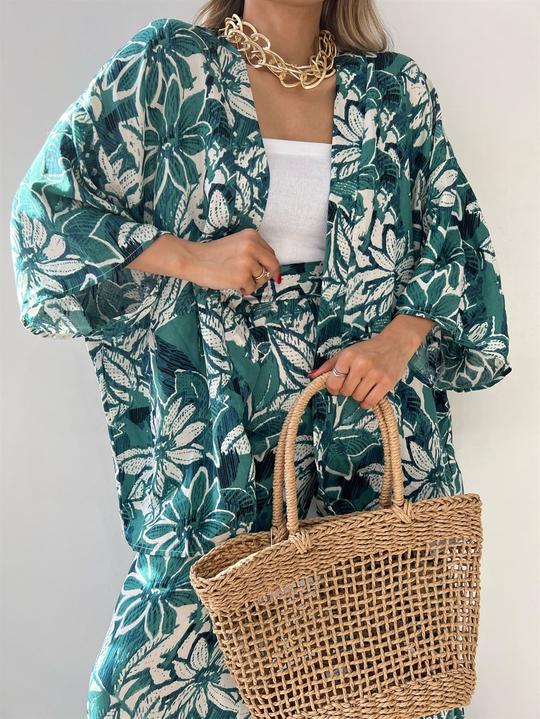 Önü Bantlı Desenli Kimono 0918 YEŞİL