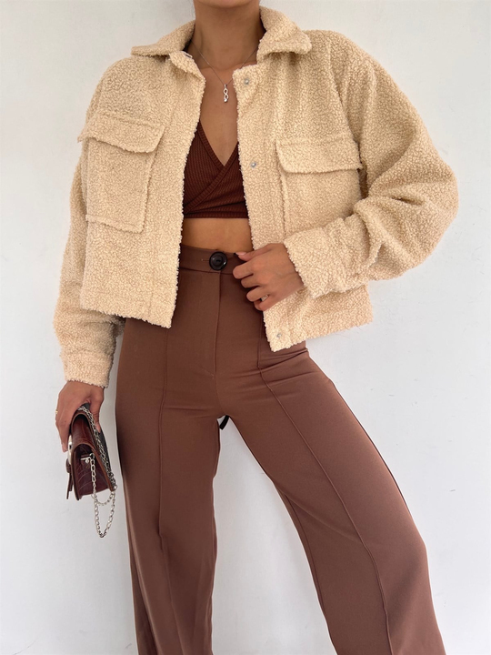 Peluş Cepli Kısa Ceket 9059 TAŞ