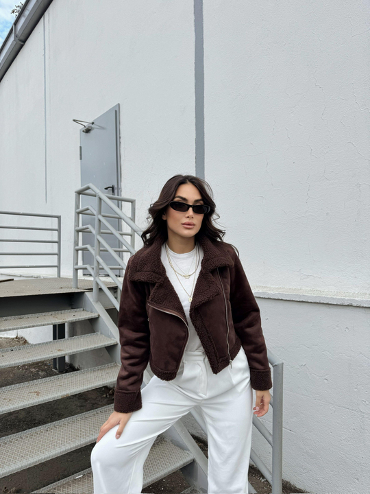 Peluş Kaplama Süet Crop Kaban ACI KAHVE