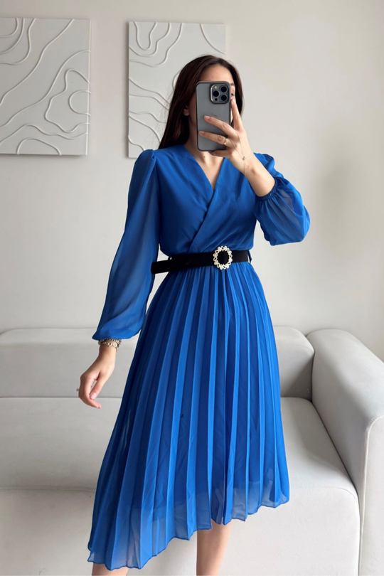 Pliseli Şifon Elbise 3073 SAKS MAVİSİ