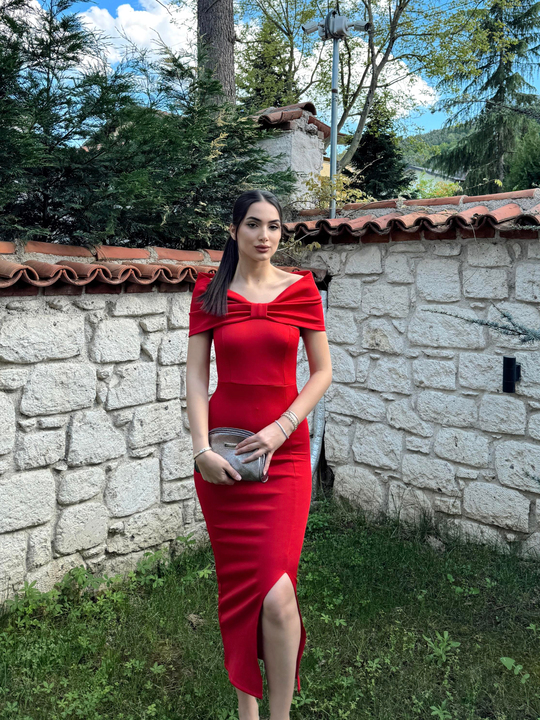 Pree Yaka Tasarım Midi Boy Yırtmaçlı Elbise  582033 KIRMIZI ZX