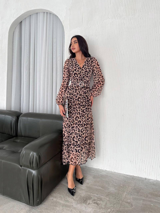 Riona Kruvaze Yaka Kemerli Elbise 4554 LEOPAR 