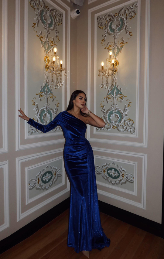 Rosabella Tek Kol Kadife Abiye 582269 SAKS MAVİSİ