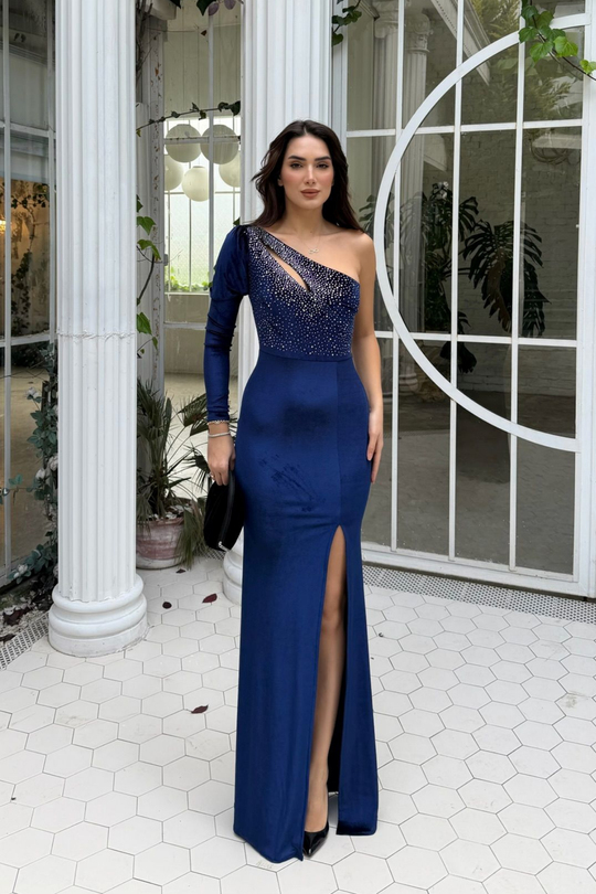 Seren Tek Kol Kadife Abiye 583102 LACİVERT